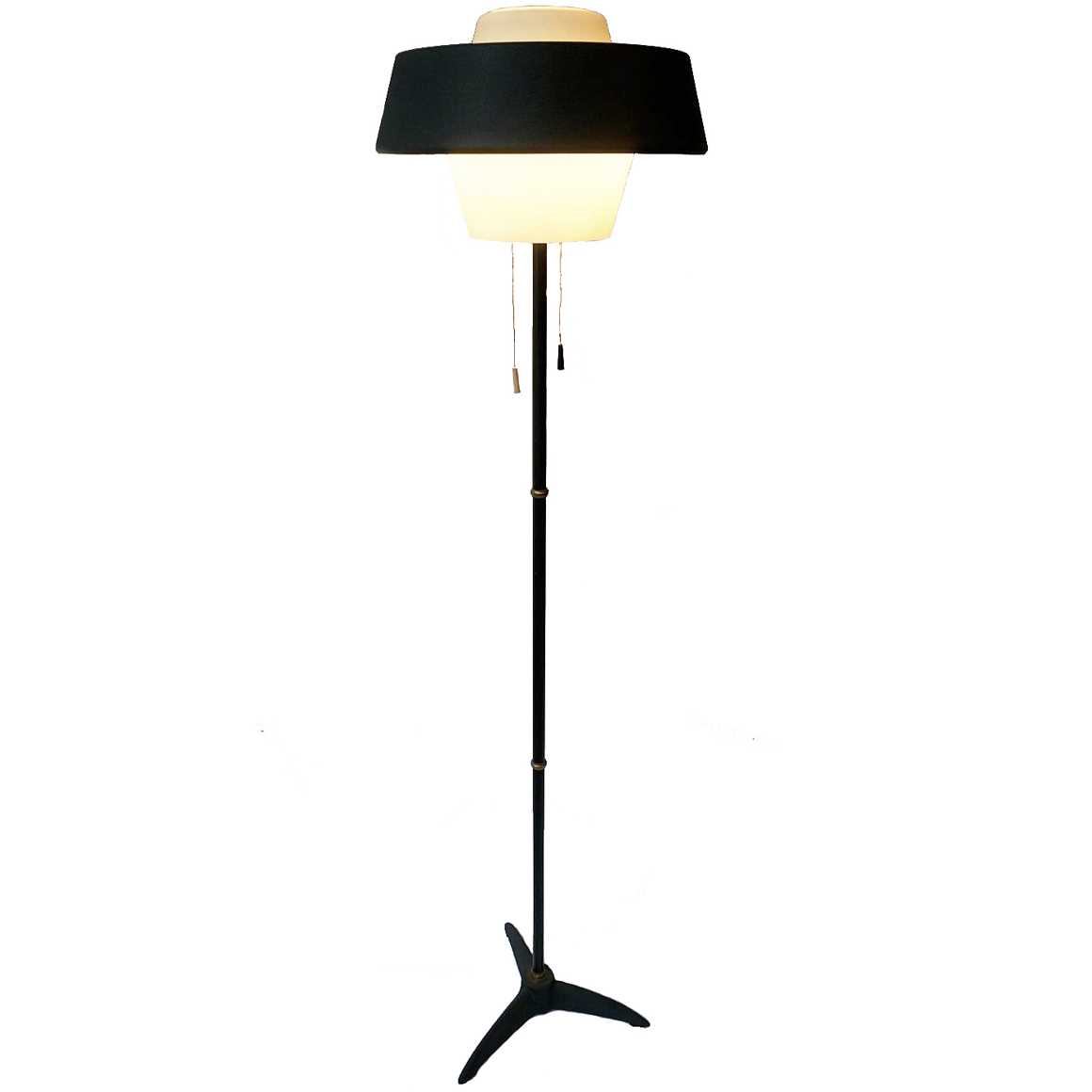Philips Monaco floor lamp black tripod base opal glass diffuser metal lampshade 1950s 1960s pull cord switches