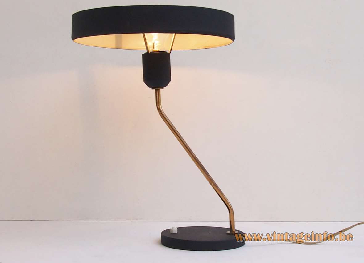 Philips Romeo Table Lamp - 1960s, 1970s, The Netherlands, Belgium Philips Romeo table lamp black round base built-in switch folded brass rod mushroom lampshade 1960s 1970s 1980s