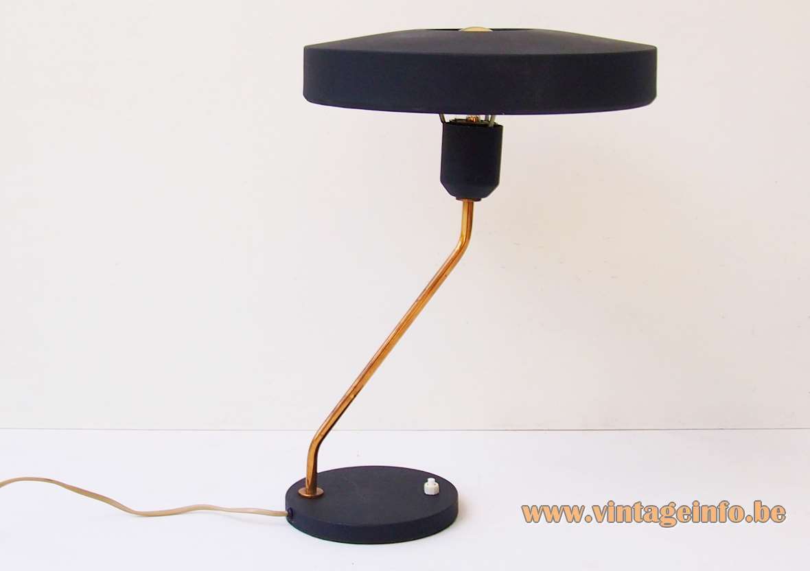Philips Romeo Table Lamp - 1960s, 1970s, The Netherlands, Belgium Philips Romeo table lamp black round base built-in switch folded brass rod mushroom lampshade 1960s 1970s 1980s