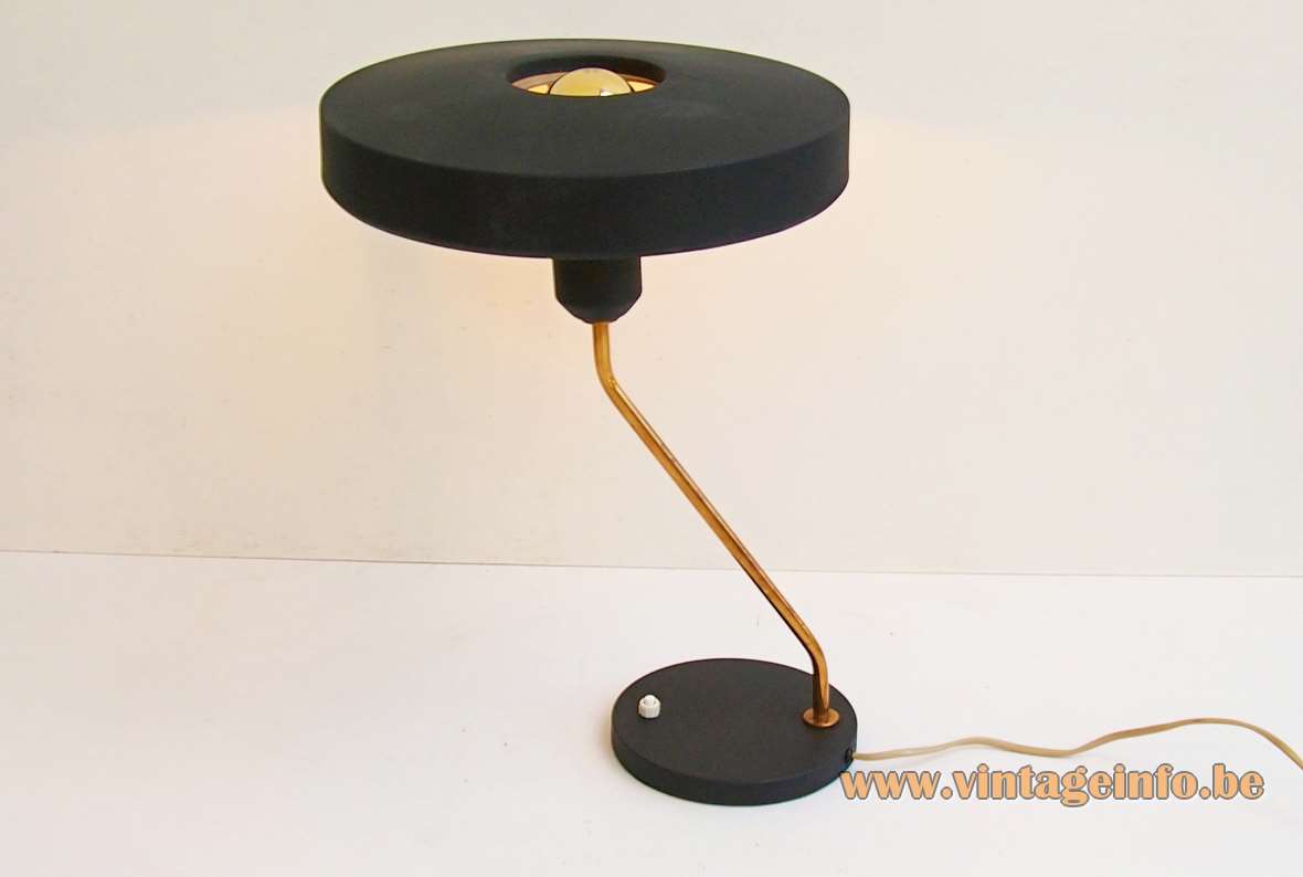 Philips Romeo Table Lamp - 1960s, 1970s, The Netherlands, Belgium Philips Romeo table lamp black round base built-in switch folded brass rod mushroom lampshade 1960s 1970s 1980s
