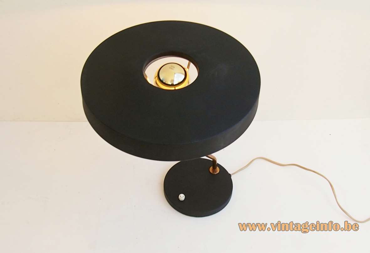 Philips Romeo Table Lamp - 1960s, 1970s, The Netherlands, Belgium - Top VIew Philips Romeo table lamp top view black mushroom lampshade round hole silver tipped light bulb 1960s-1980s