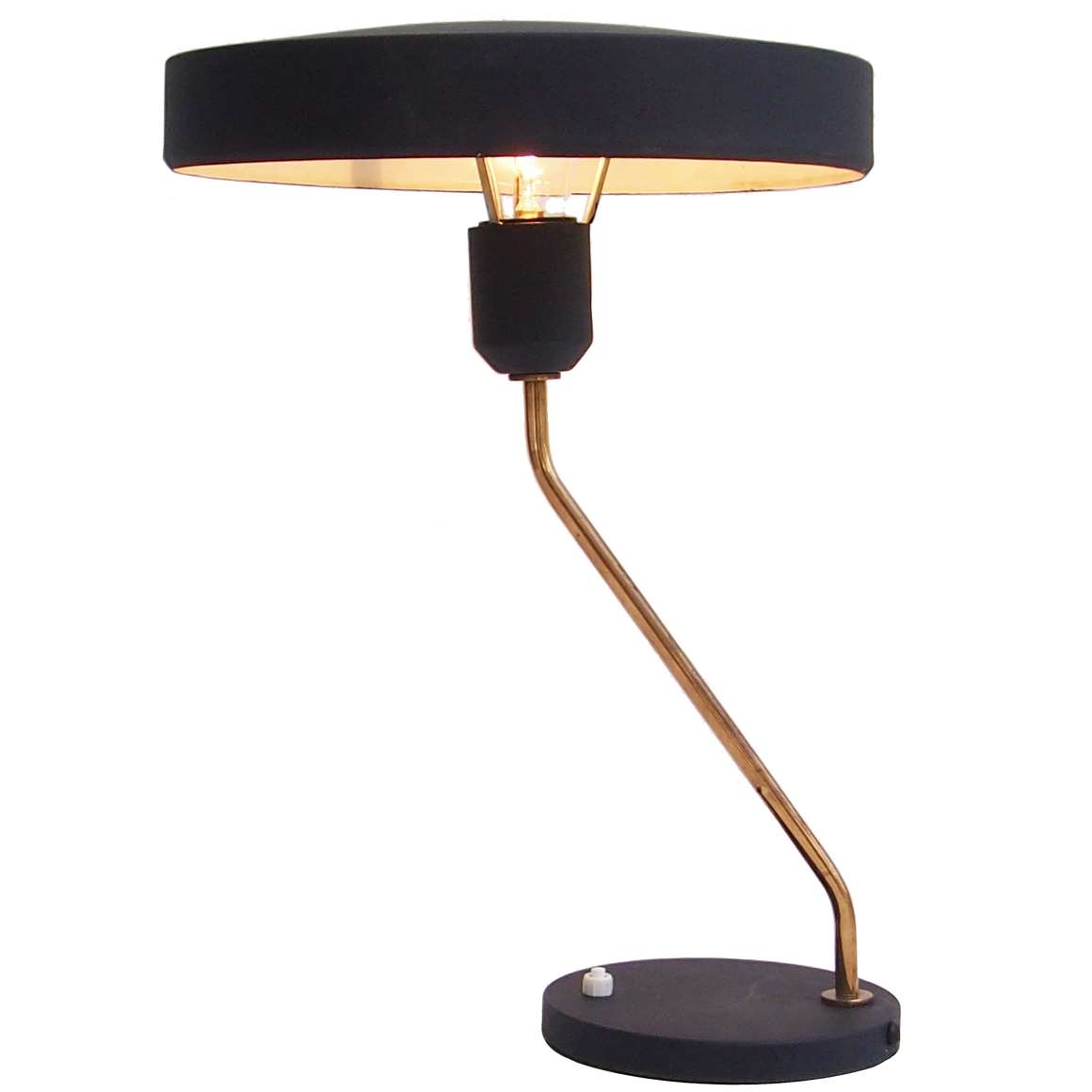 Philips Romeo table lamp black round base built-in switch folded brass rod mushroom lampshade 1960s 1970s 1980s