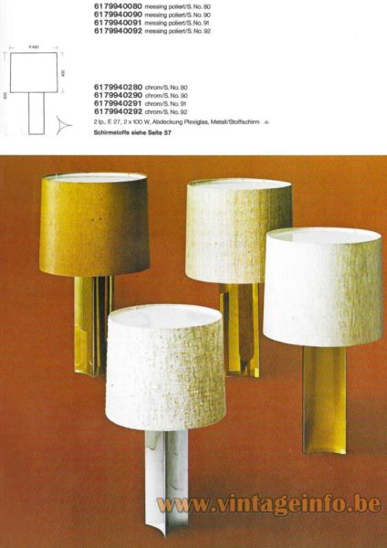 Triangular brass Cosack table lamp model 7994 1972 catalogue picture Germany different fabrics & chrome variantions