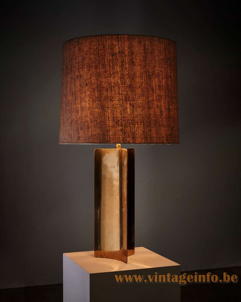 Triangular Brass Cosack Table Lamp - 1970s, Germany - Concave Base Triangular brass Cosack table lamp three-cornered concave base fabric lampshade acrylic diffuser 1970s design Germany