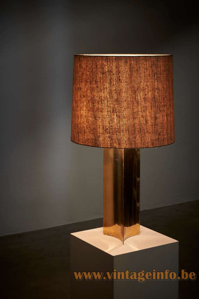 Triangular Brass Cosack Table Lamp - 1970s, Germany - Concave Base Triangular brass Cosack table lamp three-cornered concave base fabric lampshade acrylic diffuser 1970s design Germany