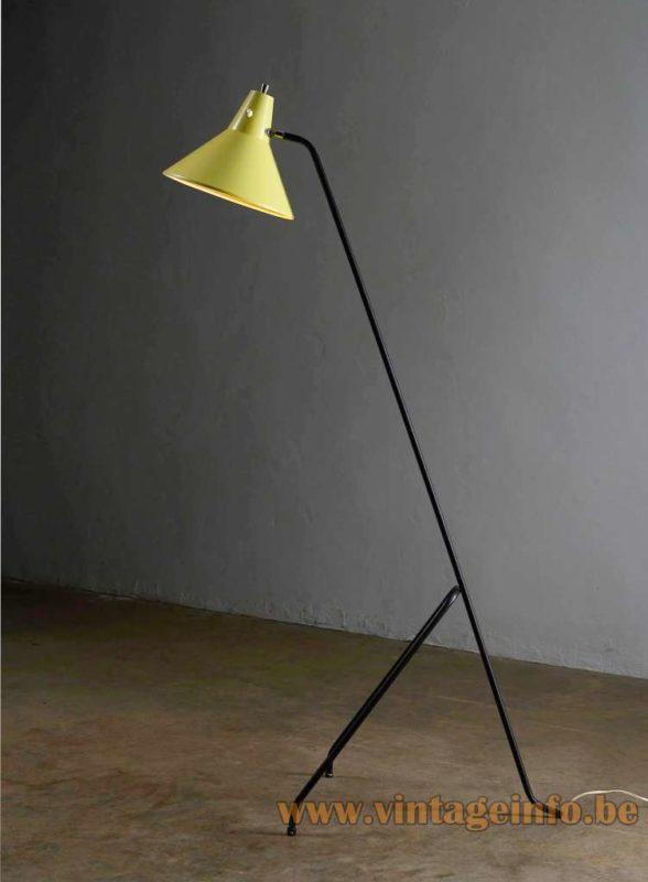 Van Doorn grasshopper floor lamp model: 2727 thin black metal tripod rods base yellow conical aluminium lampshade 1950s 1960 the Netherlands