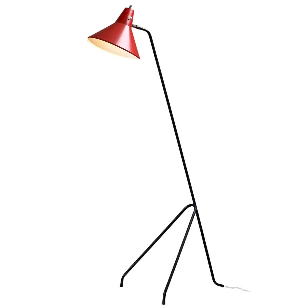 Van Doorn grasshopper floor lamp model: 2727 thin black metal tripod rods base red conical aluminium lampshade 1950s 1960 the Netherlands