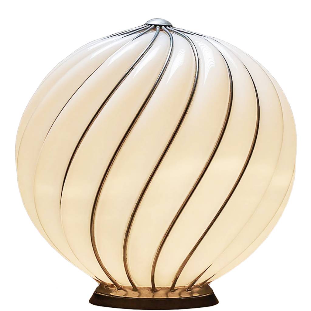 VeArt Loos table lamp round metal base big white swirl striped globe lampshade 1970s tribute design: Adolf Loos architect Murano Italy