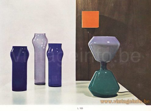 Vistosi L103 table lamp 1960s catalogue picture 3 vazes & turquoise & purple glass hourglass style lampshade 1960s design: Peter Pelzel
