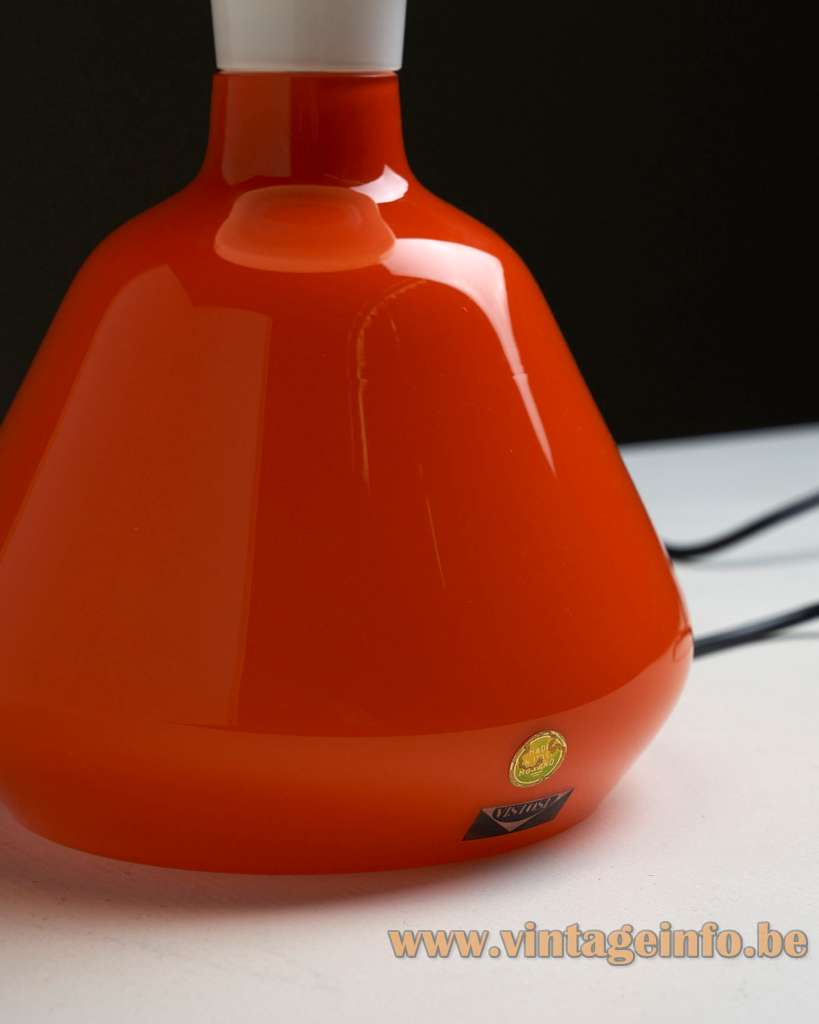 Vistosi L103 Table Lamp - 1960s Design: Peter Pelzel, Murano, Italy - Vistosi Labels Vistosi L103 table lamp red base paper company label & logo 1960s design: Peter Pelzel Murano Italy
