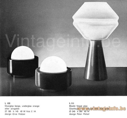Vistosi L122 table lamp design: Gino Vistosi 1965 Lilux catalogue picture other model: L111 design Peter Pelzel