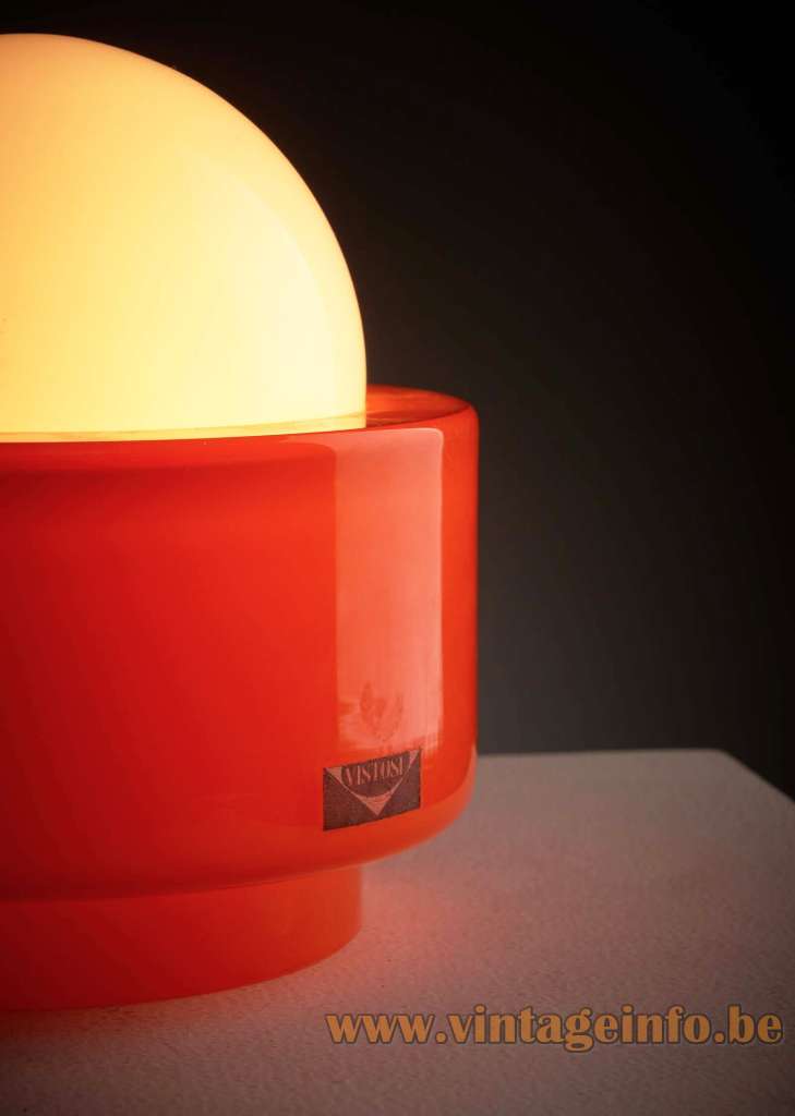 Vistosi L122 Table Lamp - 1960s Design: Gino Vistosi, Murano, Italy + Label Vistosi L122 table lamp 1960s design: Gino Vistosi hand-blown red round glass base white opal globe lampshade Murano label Italy 1970s