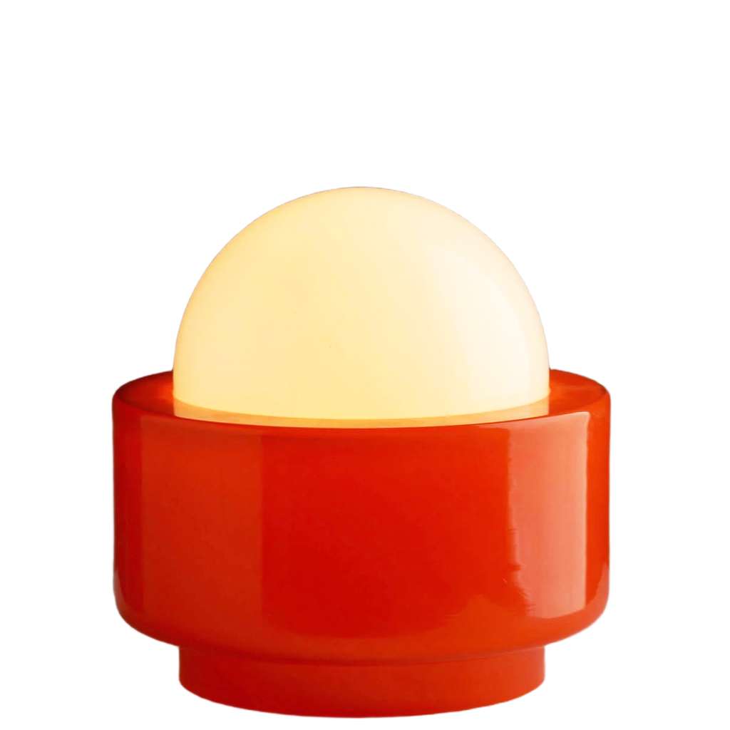 Vistosi L122 table lamp 1960s design: Gino Vistosi hand-blown red round glass base white opal globe lampshade Murano Italy 1970s