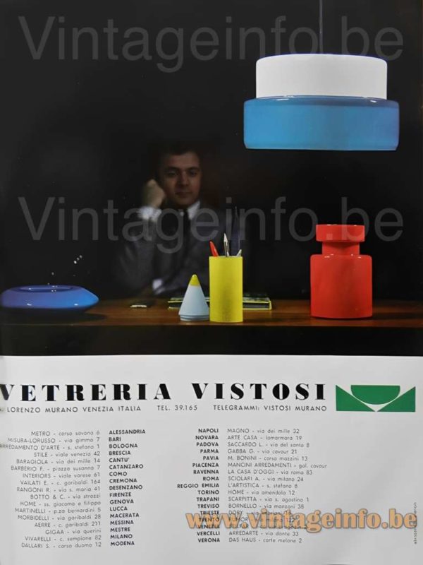 Vistosi L53 pendant lamp and a Luciano Vistosi jar & office desk pieces 1960s publicity picture