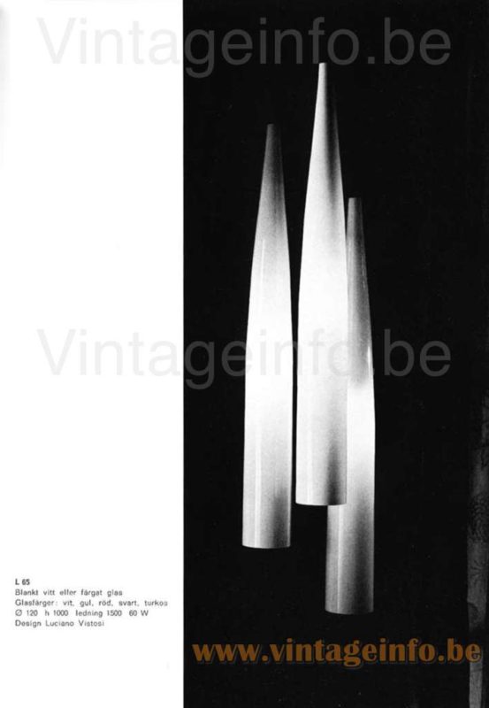 Vistosi L65 tube pendant lamp 1965 Lilux catalogue picture, design: Luciano Vistosi, Murano, Italy 3 lamps together, dimensions, wattage