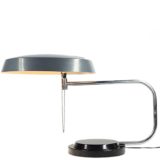 1960s Galaxia desk lamp 1961 design: Esteve Aparicio Barba round black metal base adjustable curved chrome rods grey mushroom lampshade Enrique Aparicio