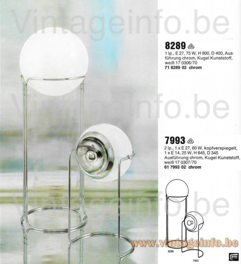 Cosack globe floor lamp 7993 1972 catalogue picture other model: 8289 E27 60 & 75 Watt silver bowl tipped light bulb chrome & acrylic spheres