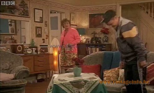 Tripod rocket floor lamp used as a set decoration in the Mrs. Brown's Boys BBC tv series