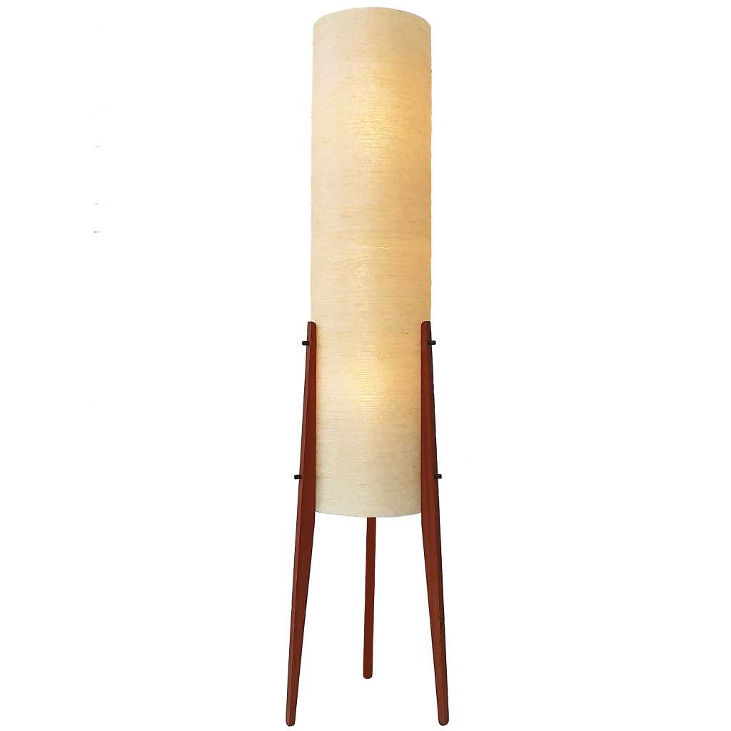 Tripod rocket floor lamp 3 conical teak legs base yellow fibreglass tube lampshade 1960s 1970s Sheerlite United Kingdom