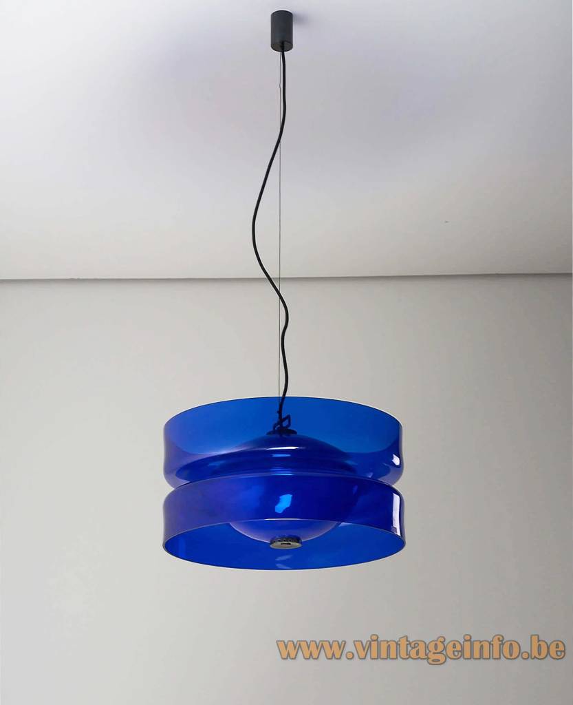 Vistosi L134 Glass Chandelier - 1960s Design: Oreste Vistosi, Murano, Italy Vistosi L134 glass chandelier round hand-blown azure blue Murano glass lampashade frosted crystal diffuser inside 1960s design: Oreste Vistosi