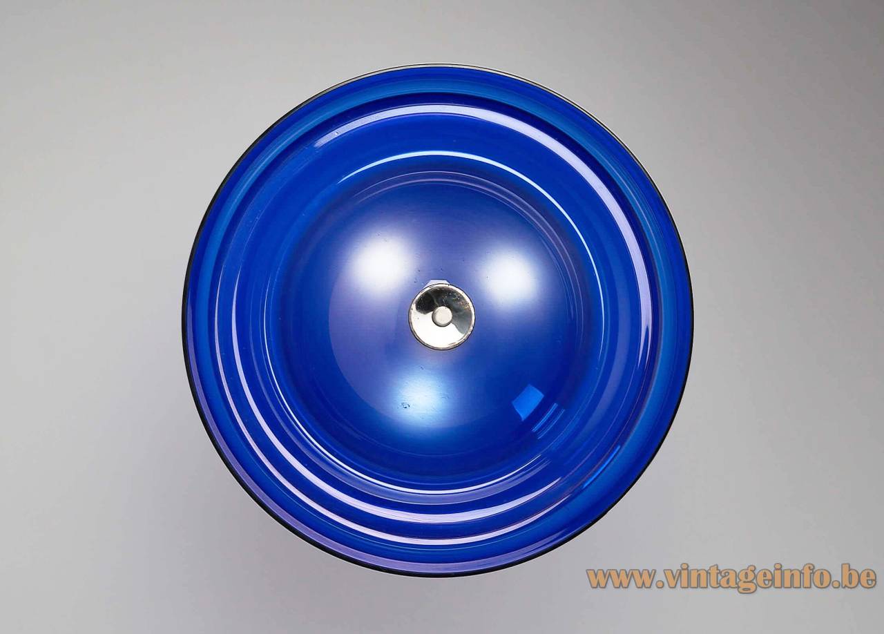 Vistosi L134 Glass Chandelier - 1960s Design: Oreste Vistosi, Murano, Italy - Below View Vistosi L134 glass chandelier below view round hand-blown azure blue Murano glass lampashade frosted crystal diffuser inside 1960s design