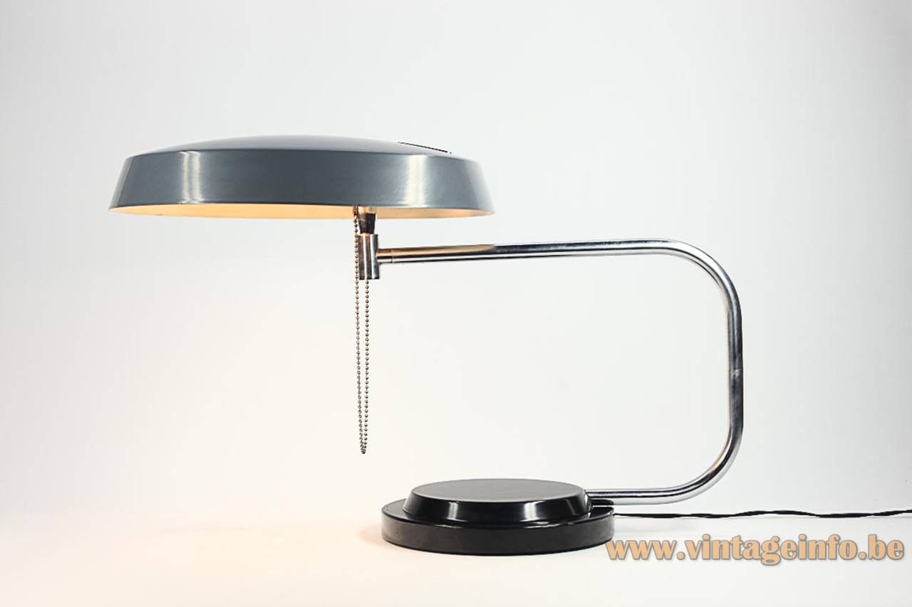 1960s Galaxia Desk Lamp - 1961 Design: Esteve Aparicio Barba, Barcelona, Spain 1960s Galaxia desk lamp 1961 design: Esteve Aparicio Barba round black metal base adjustable curved chrome rods grey mushroom lampshade