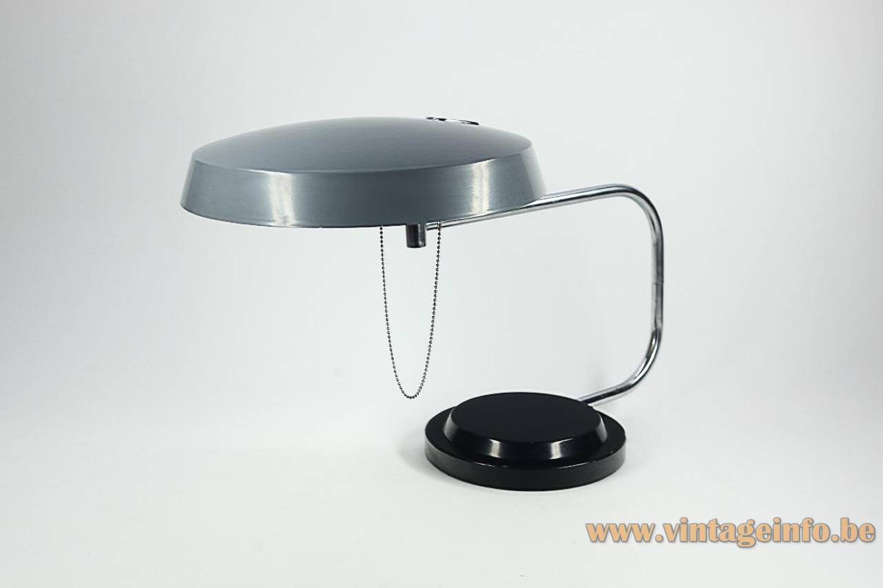 1960s Galaxia Desk Lamp - 1961 Design: Esteve Aparicio Barba, Barcelona, Spain 1960s Galaxia desk lamp 1961 design: Esteve Aparicio Barba round black metal base adjustable curved chrome rods grey mushroom lampshade Enrique Aparicio