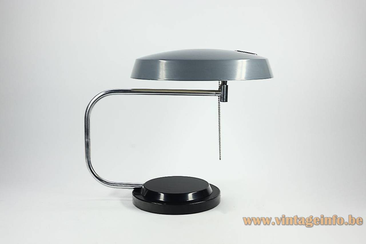1960s Galaxia Desk Lamp - 1961 Design: Esteve Aparicio Barba, Barcelona, Spain 1960s Galaxia desk lamp 1961 design: Esteve Aparicio Barba round black metal base adjustable curved chrome rods grey mushroom lampshade Enrique Aparicio