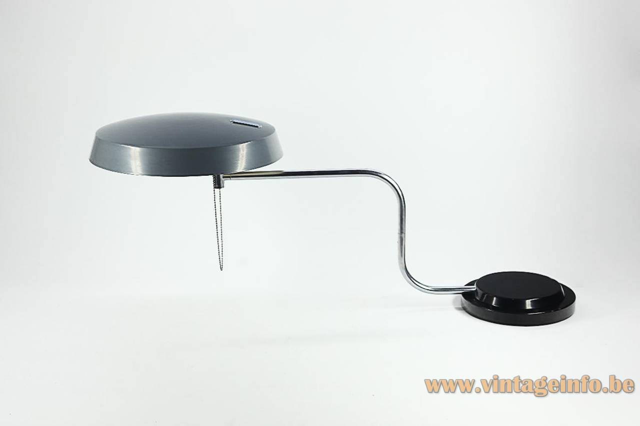 1960s Galaxia Desk Lamp - 1961 Design: Esteve Aparicio Barba, Barcelona, Spain 1960s Galaxia desk lamp 1961 design: Esteve Aparicio Barba round black metal base adjustable curved chrome rods grey mushroom lampshade Enrique Aparicio