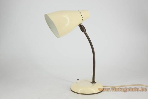 1960s T.Pons desk lamp round cream-white ochre painted metal base adjustable brass rod conical Oluce Ochetta style lampshade E14 socket Spain