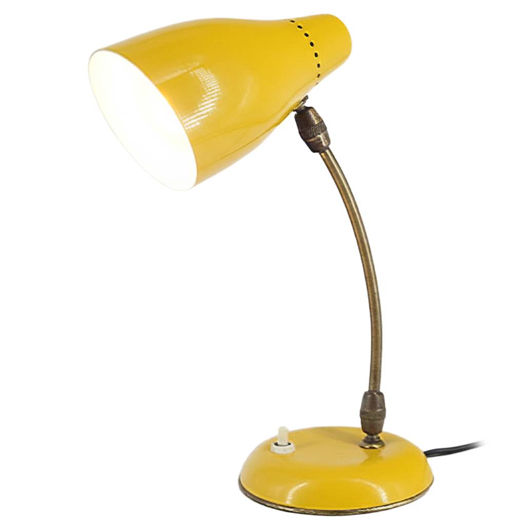 1960s T.Pons desk lamp round yellow painted metal base adjustable brass rod conical Oluce Ochetta style lampshade E14 socket Spain