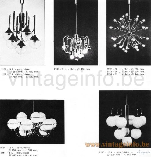 1970s Boulanger globes chandelier 1970s catalogue picture models: 2151, 2152, 2169, 2191, 2172, 2173, 2174, 2168 all Sciolari design