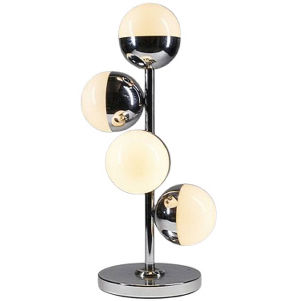 1970s Estiluz globes table lamp round & flat chrome base rod & parts 4 opal glass globe lampshades E27 sockets 1970s design Girona Spain