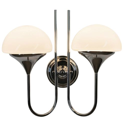 1970s Estiluz wall lamp thin chrome wall mount curved chrome rods half round 2 opal glass globe lampshades 1970s design Girona Spain