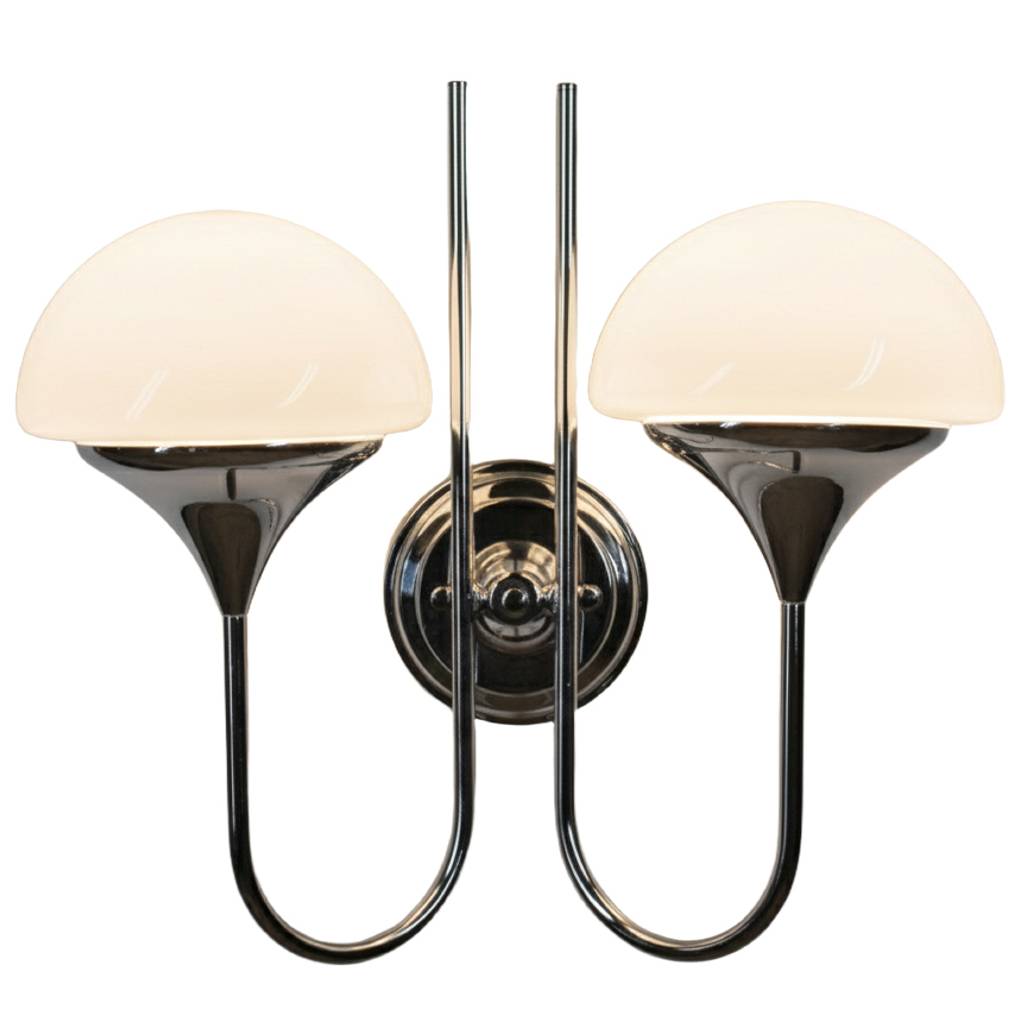 1970s Estiluz wall lamp thin chrome wall mount curved chrome rods half round 2 opal glass globe lampshades 1970s design Girona Spain