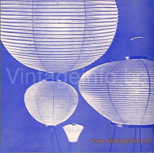 Akari Tripod floor lamp 1950s catalogue picture 4 models; 3 tripod lamp models and 1 pendant lamp 