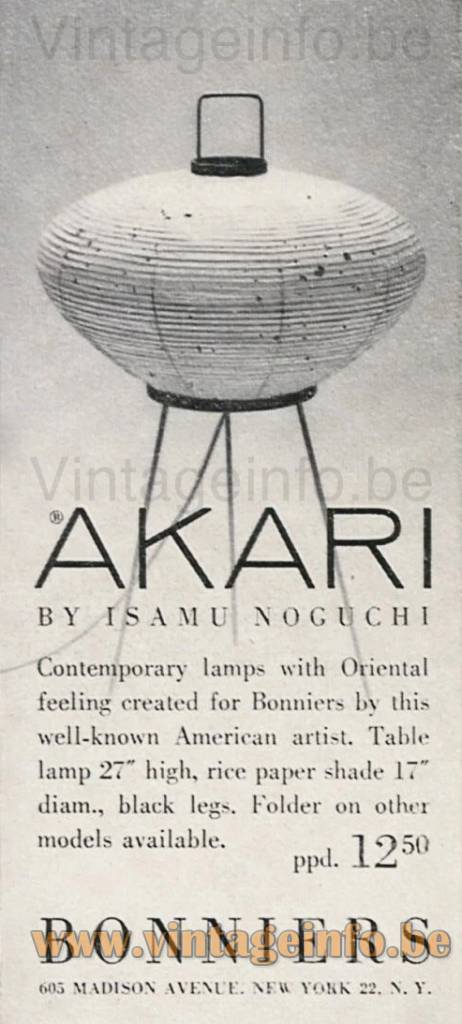 Akari Tripod Floor Lamp – 1958 Bonniers Advertisement New York Akari Tripod Floor Lamp 1958 Bonniers advertisement Madison Avenue New York publicity Isamu Noguchi design