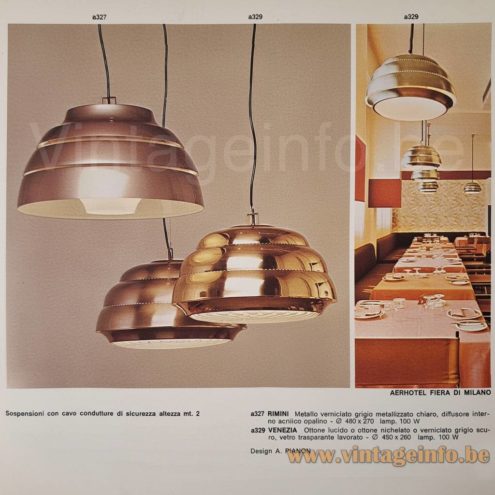 Candle Venezia pendant lamp 1972 catalogue picture other model: Rimini design: Allesandro Pianon brass & nickel-plated brass versions