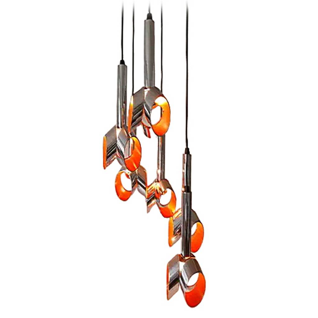 Massive oval rings pendant chandelier cascading chrome & orange-red diagonally cut rings lampshade black electric wire 1960s 1970s Belgium