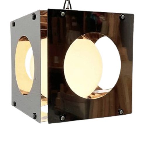 Tronconi Cubo pendant lamp opal globe lampshade inside a chromed metal cube box with round holes on every side 1970s design Italy