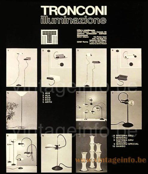 Tronconi Igru floor lamp 1980s catalogue picture models: Sistema Gru, Minigru, Sistema Gru Special, Minigru Special, Bambu, Ala, Eco, Artu
