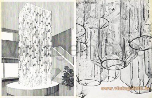 VeArt Quadrifoglio tubes chandelier 1970s catalogue picture presentation of some models + sketches in black & white