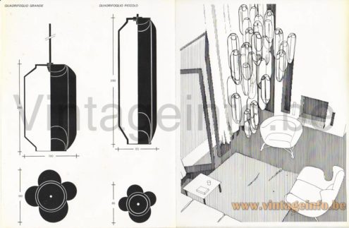 VeArt Quadrifoglio tubes chandelier 1970s catalogue picture presentation of some models + sketches in black & white + dimensions