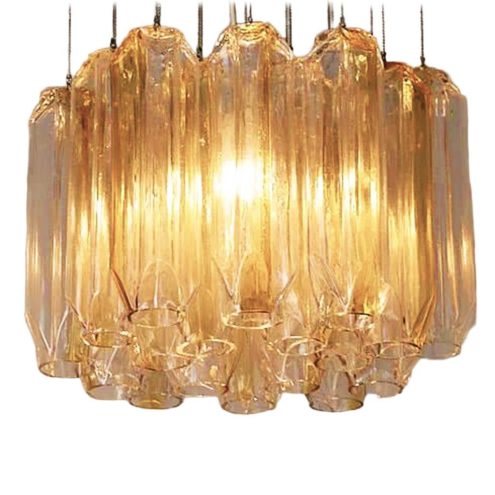 VeArt Quadrifoglio tubes chandelier hand-blown clear and orange-brown glass pipes lampshade hanging from little metal chains 70s design Murano