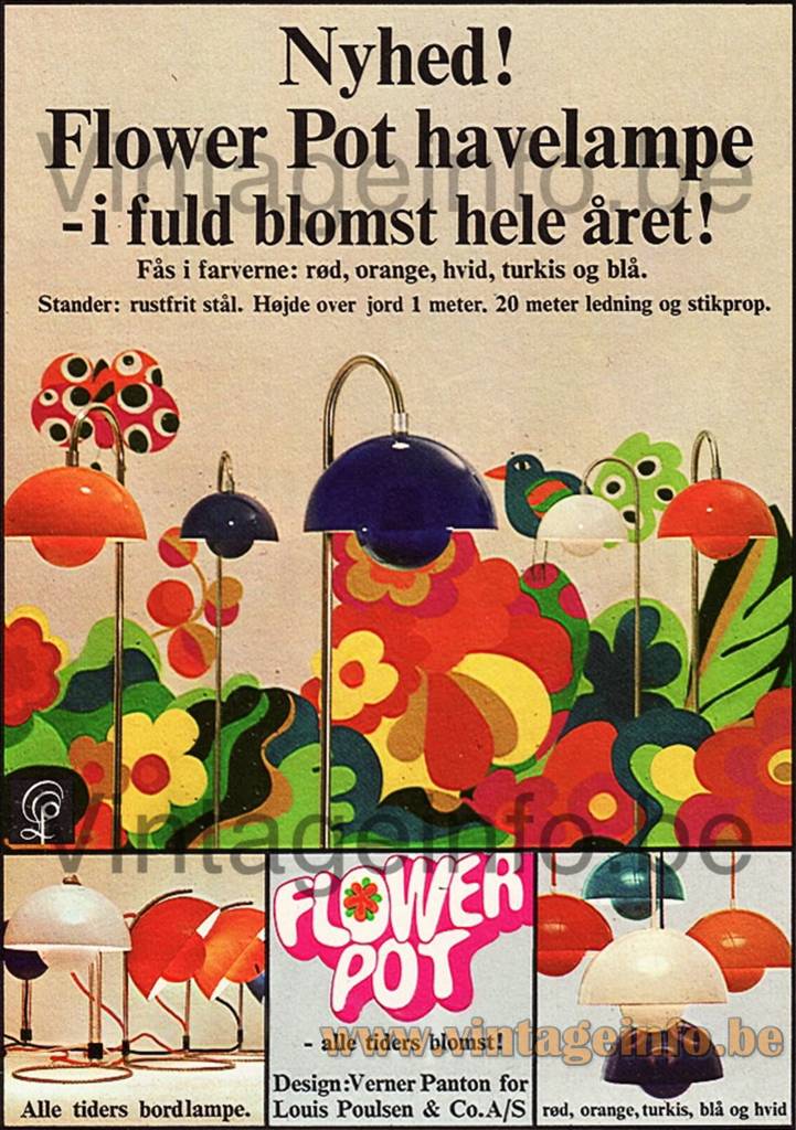 Verner Panton Flower Pot Pendant Lamp – 1969 Advertisement Verner Panton Flower Pot pendant lamp 1969 advertising picture several models and colours + table & floor lamps Danish publicity