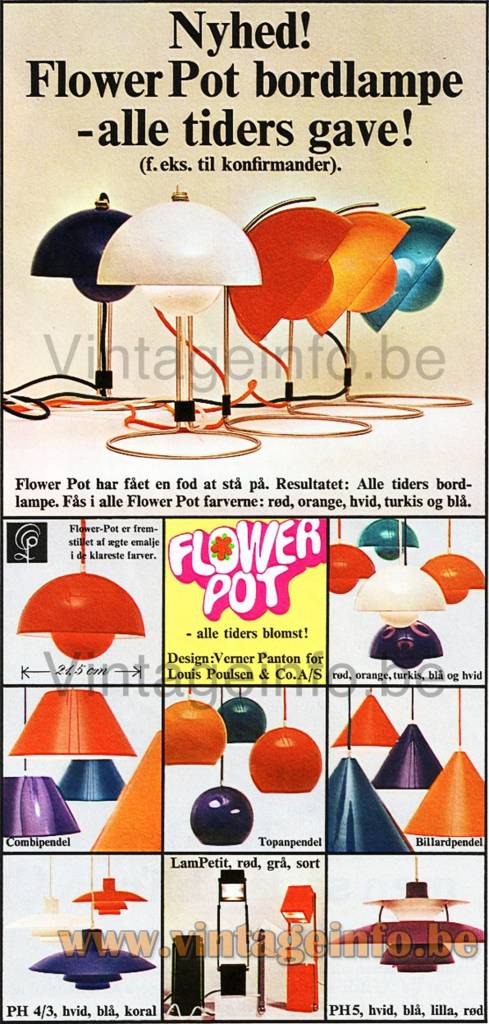 Verner Panton Flower Pot Pendant Lamp – 1969 Advertisement Verner Panton Flower Pot pendant lamp 1969 advertising many Louis Poulsen models and colours + table & floor lamps Danish publicity