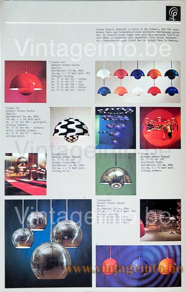 Verner Panton Flower Pot Pendant Lamp – 1973 Advertising Verner Panton Flower Pot pendant lamp 1973 publicity in many colours also black & white wave & chrome versions & blue red & white