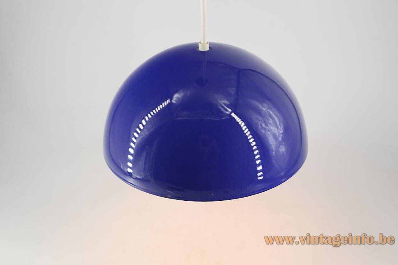 Verner Panton Flower Pot Pendant Lamp - 1968 Design, Producer: Louis Poulsen, Denmark Verner Panton Flower Pot pendant lamp 2 half round enamelled metal shells blue & white & red inside 1968 design model: VP1 Louis Poulsen Denmark