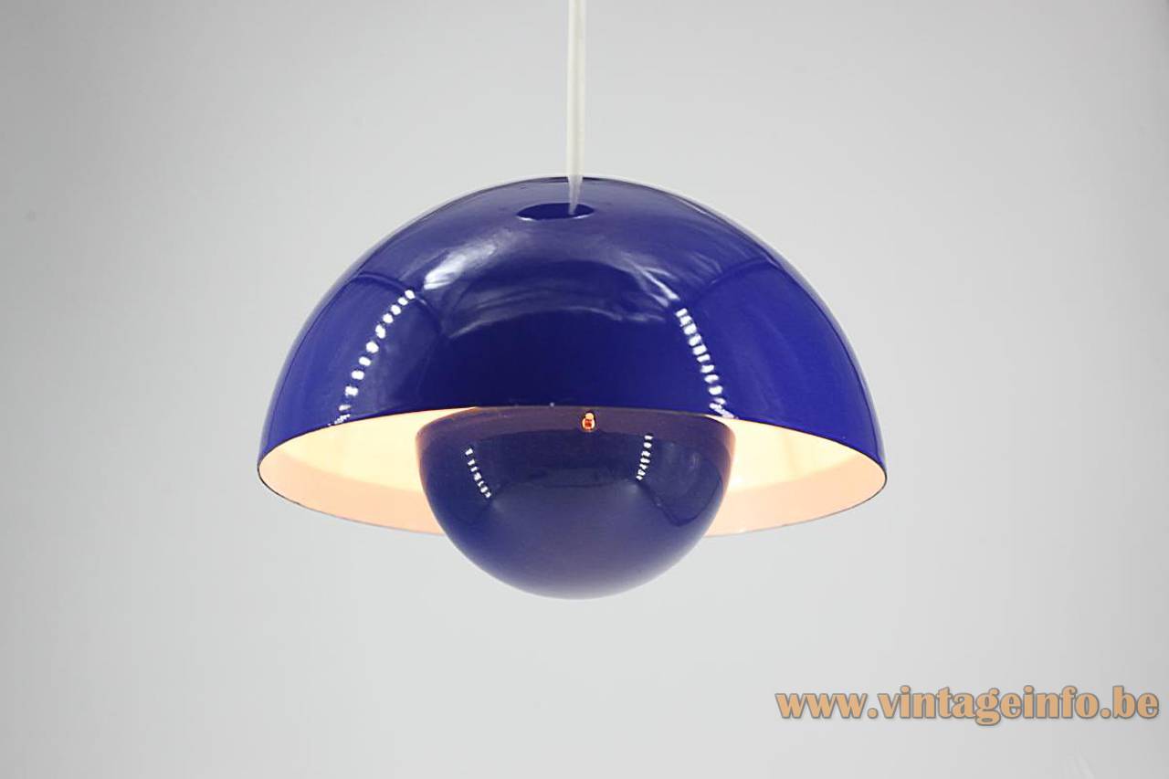 Verner Panton Flower Pot Pendant Lamp - 1968 Design, Producer: Louis Poulsen, Denmark Verner Panton Flower Pot pendant lamp 2 half round enamelled metal shells blue & white & red inside 1968 design model: VP1 Louis Poulsen Denmark