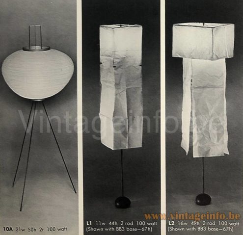 Akari Tripod Floor Lamp – George Kovacs Catalogue Picture Akari Tripod floor lamp 1960s catalogue picture of George Kovacs USA models: 10A, L1 & L2 floor lamps design: Isamu Noguchi, Ozeki & Co, Japan